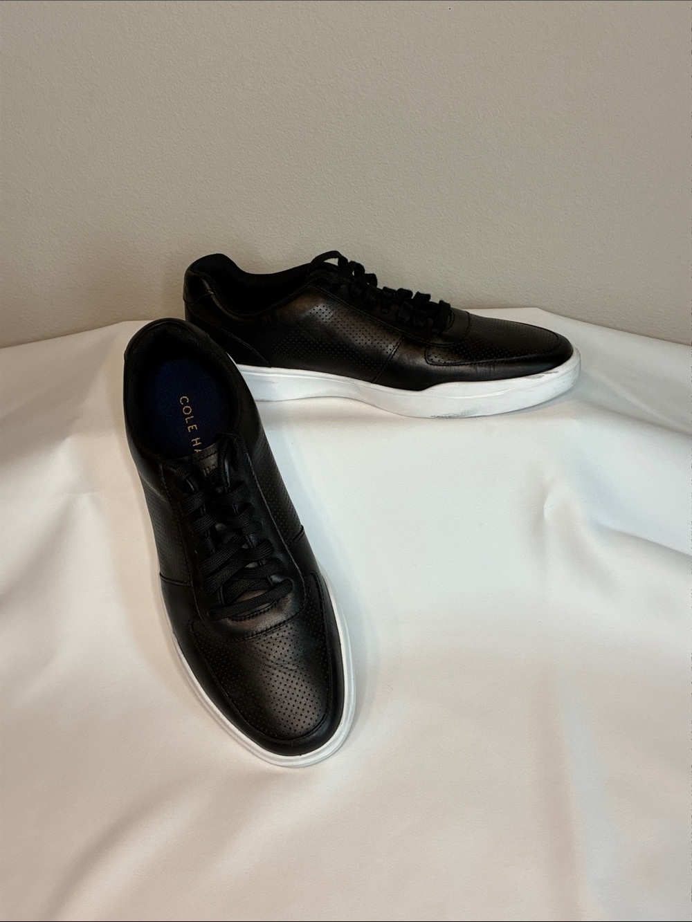 Cole Haan Black Leather Perforated Low-Top Sneakers with White Sole